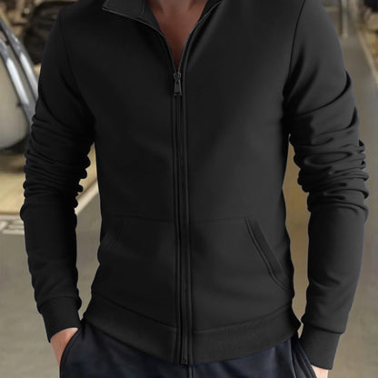 Men's Solid Color Green Full-Zip Stand Collar Jacket - Lightweight Workwear Coat with Zippered Pockets, Machine Washable, Regular Fit for Gym, Hiking, Casual & Outdoor Activities - Versatile All-Season Outerwear