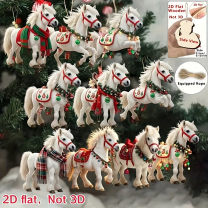 2D Flat, 10pcs White Horse Christmas Tree Ornaments - 2D Flat Hanging Decorations with Red & Green Harnesses, No Electricity Needed