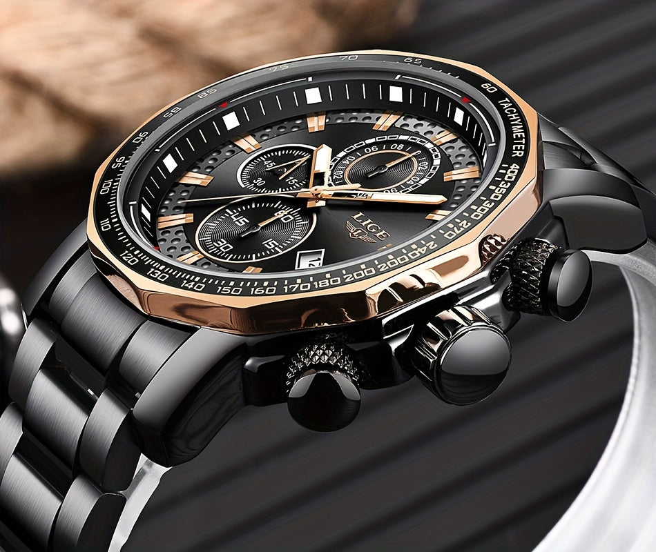 LIGE Watches Fashion Junior Men's Sports Multifunctional Quartz Watch, IP68 Waterproof Watch, Stainless Steel Band, Precision Chronograph, Stopwatch Date Function, Casual Elegant Vintage Style New Watch, Holiday Gifts - ayq