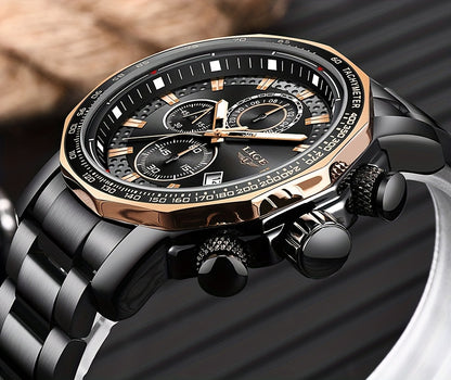 LIGE Watches Fashion Junior Men's Sports Multifunctional Quartz Watch, IP68 Waterproof Watch, Stainless Steel Band, Precision Chronograph, Stopwatch Date Function, Casual Elegant Vintage Style New Watch, Holiday Gifts - ayq