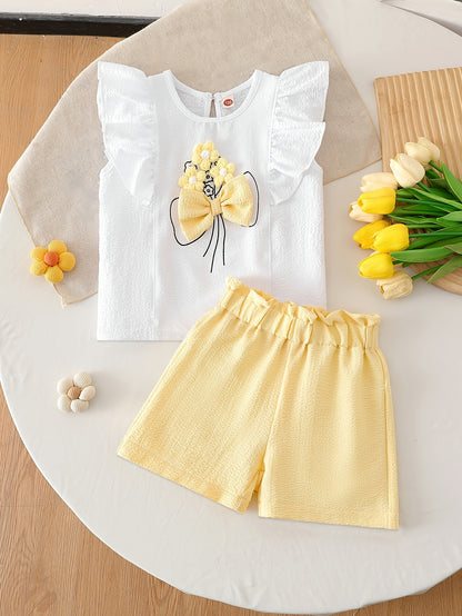 Girls' Summer Two-Piece Set with Floral Sleeveless Top & Shorts