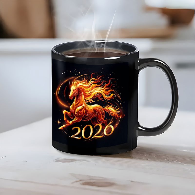 1pc 11oz Chinese New Year of the Horse 2026 Ceramic Mug - Glossy Black & Fire Horse Design Coffee Cup with Auspicious Red/ Horses, Hand Wash Only, Reusable Gift for Home, Office, Travel, Lunar New Year Celebrations