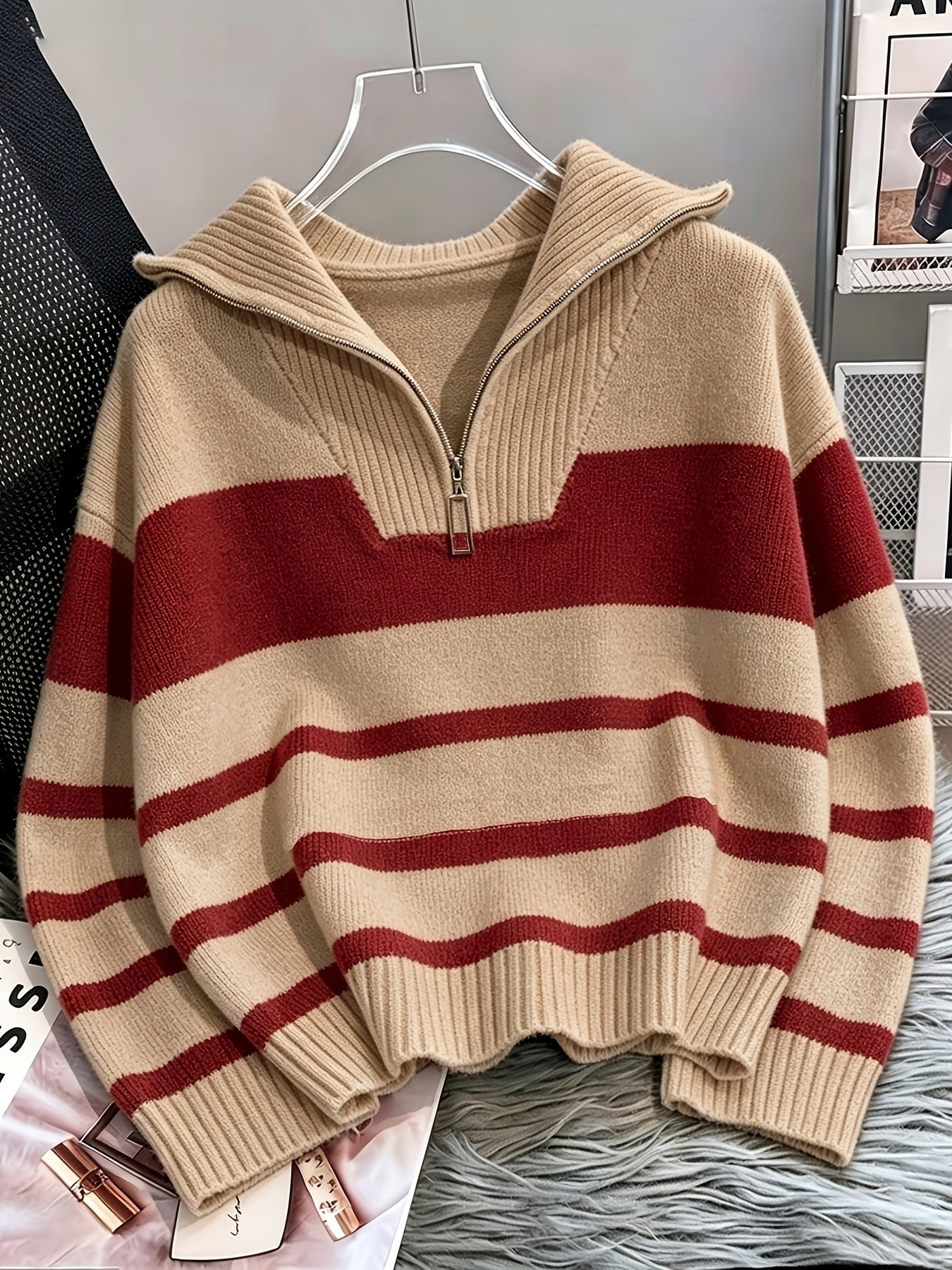 Women's Striped Zip-Up Sweater with Thickened Inner Layer