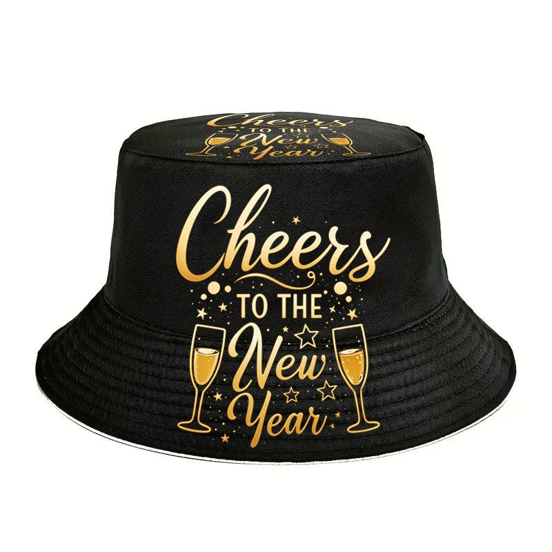 1pc Cheers to the New Year Bucket Hat - Lightweight Reversible Beach Hat with Golden Stars & Champagne Glasses Design, & Golden Party Hat for Men & Women, Christmas Vacation Holiday Headwear Gift