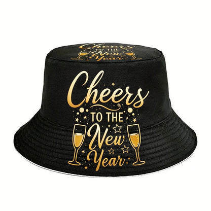 1pc Cheers to the New Year Bucket Hat - Lightweight Reversible Beach Hat with Golden Stars & Champagne Glasses Design, & Golden Party Hat for Men & Women, Christmas Vacation Holiday Headwear Gift