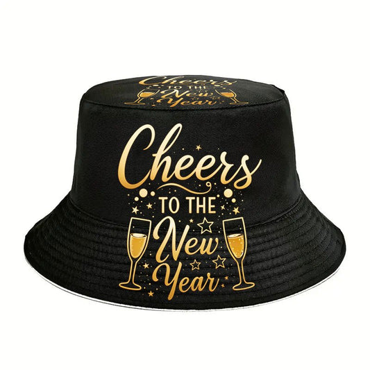 1pc Cheers to the New Year Bucket Hat - Lightweight Reversible Beach Hat with Golden Stars & Champagne Glasses Design, & Golden Party Hat for Men & Women, Christmas Vacation Holiday Headwear Gift