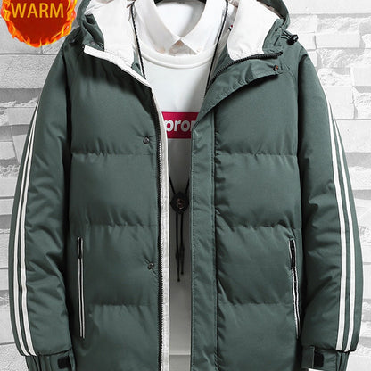 1pc Men's Heavy-Duty Winter Jacket with Hood - -Filled Coat, White & Dark Green, Golden-Zip Closure, Machine Washable, Casual Outdoor Wear (Snow, Windproof) - Regular Fit for, Skiing, Cold