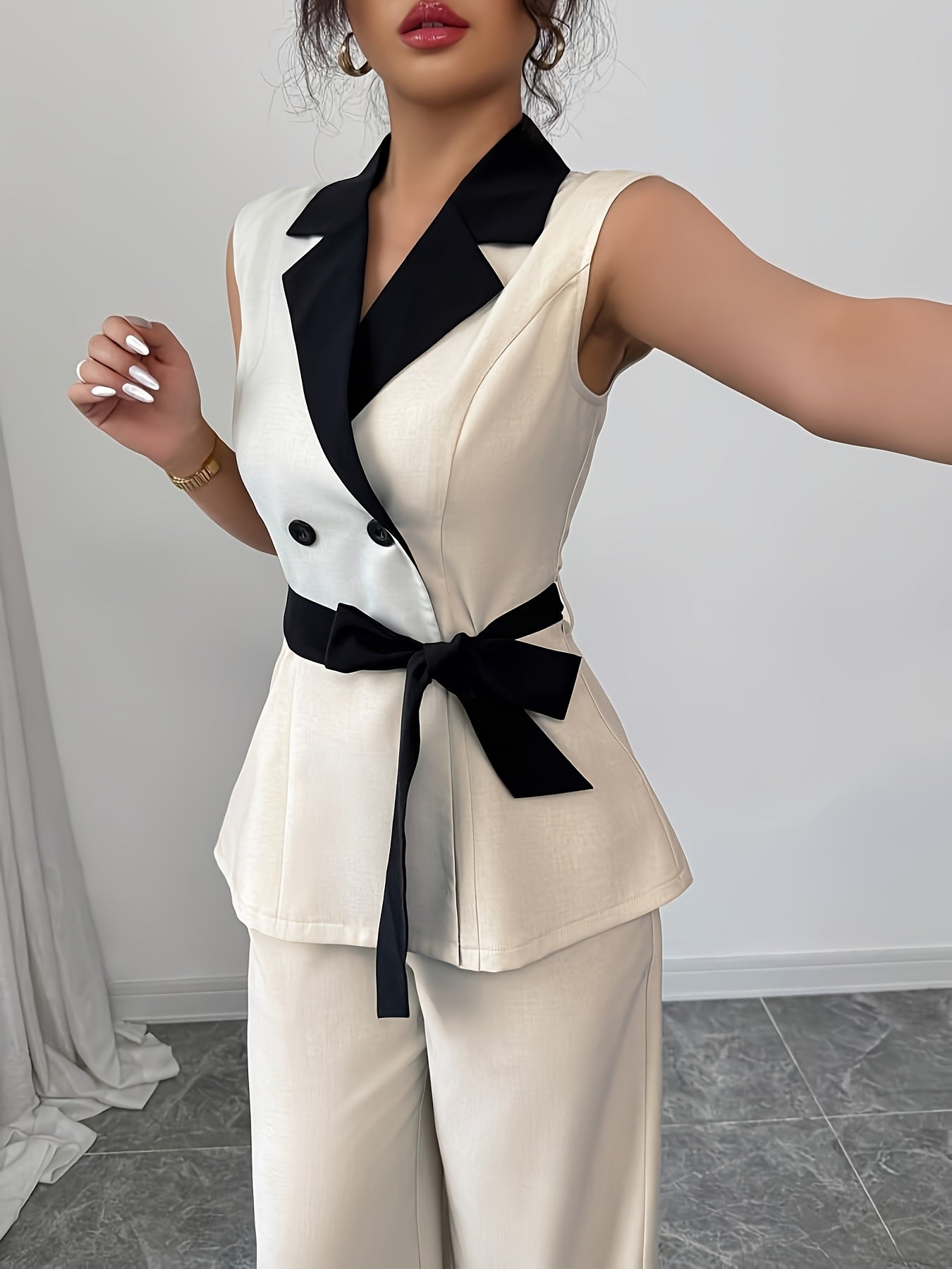 Elegant Sleeveless Blazer & Wide-Leg Pants Set for Women - Chic Black & White Two-Tone with Bow Tie Waist, Perfect for Office or Casual Outfits, Office Attire|Sleek Formal Attire|Polyester Fabric