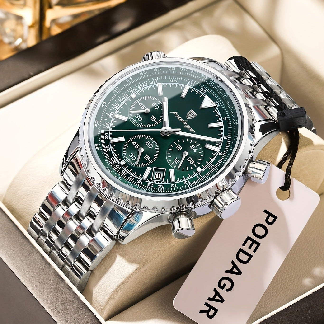 Luxury Stainless Steel Chronograph Watch with Green Dial