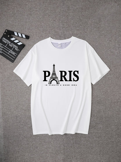 Men's Retro Paris Eiffel Tower  Letter Print T-Shirt - Breathable Polyester Casual Short Sleeve Round Neck Tee, Machine Washable Summer Top for Casual Attire, Leisure Outfit, Comfortable Fit Shirt