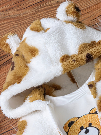 3pcs Boys' Cozy Fleece-Lined Hooded Zip-Up Jacket & Pants Set - Cute Bear Print, Long Sleeve, Warm Winter Outfit with Pockets, Casual Playwear for Toddlers & Youngsters, for Outdoor