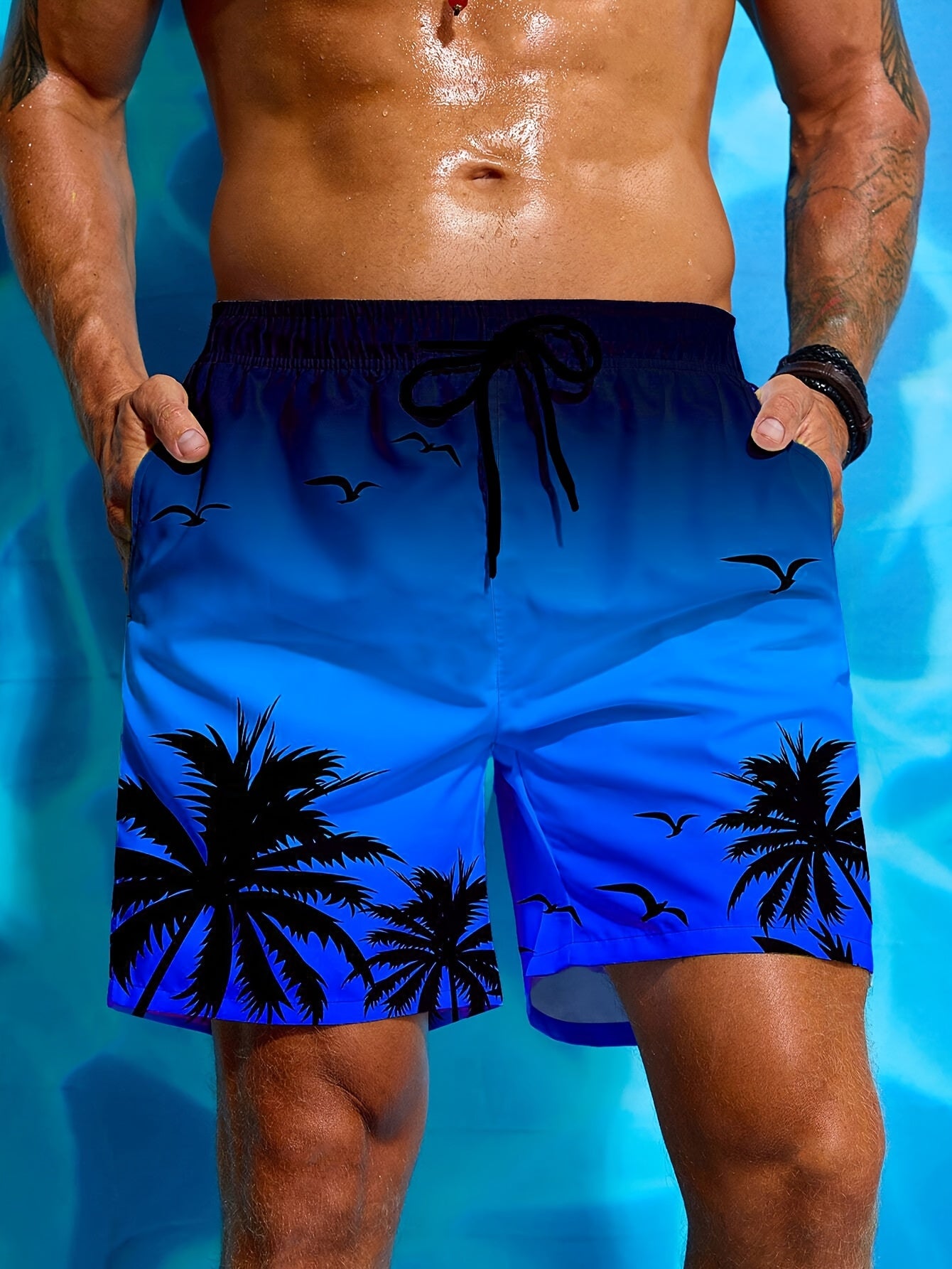 Men's Tropical Palm Tree Beach Swim Shorts with Drawstring Waist