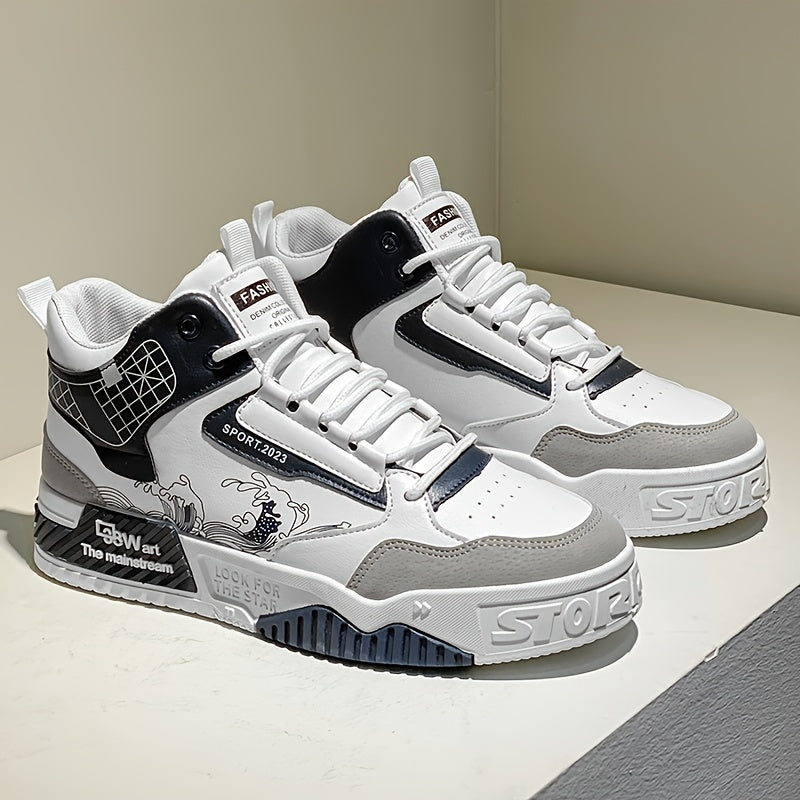 Men's High-Top Skate Sneakers - Comfortable, Non-Slip Casual Shoes for Outdoor Walking  Jogging, Stylish Striped/Solid Design, Lace-Up, All Seasons