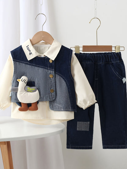 Unisex Baby Denim Vest Shirt & Long Pants Set for Spring Fall