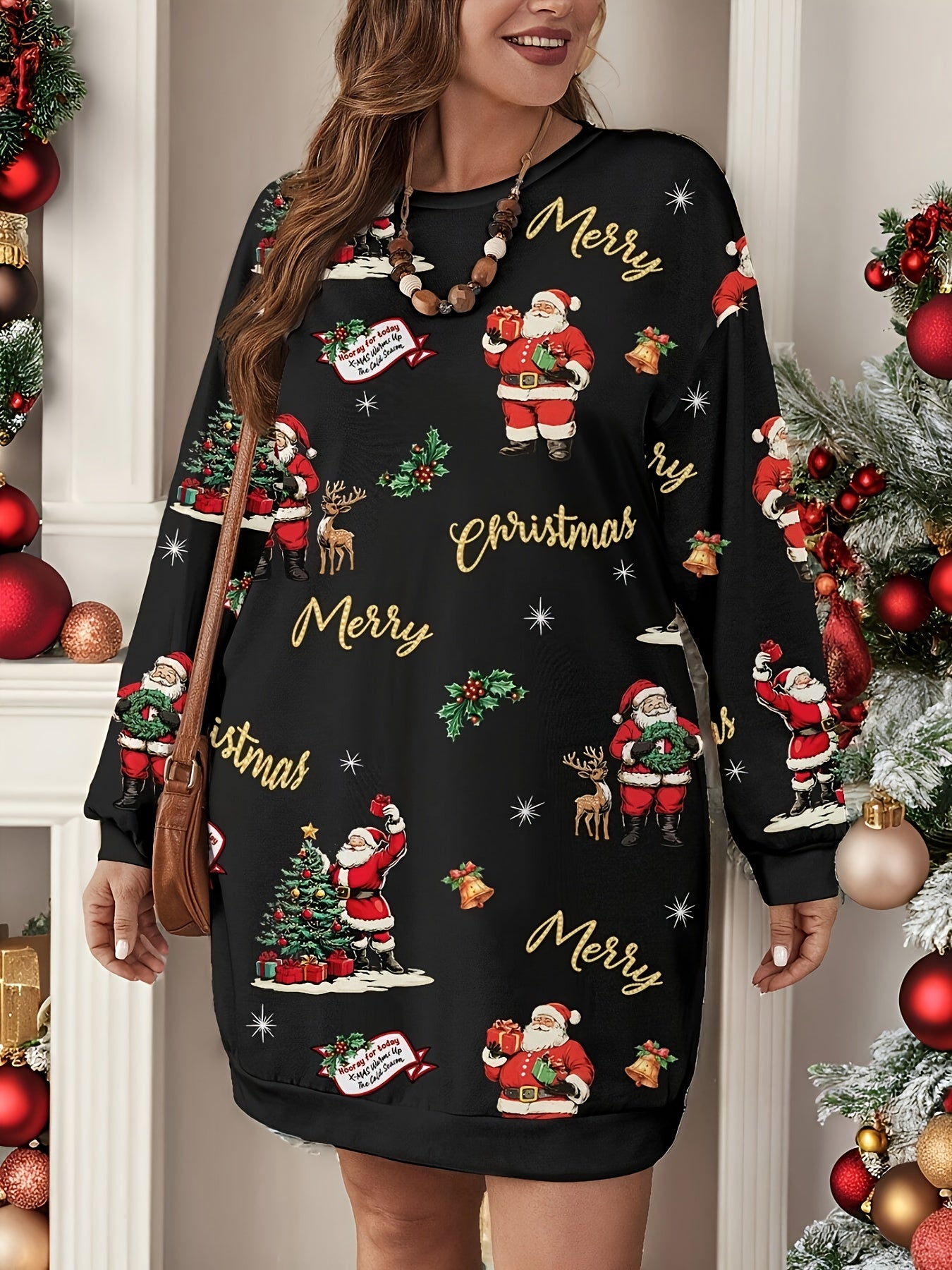 Plus Size, Fashionable and Elegant Autumn/Winter Simple Santa Claus Print Round Neck Sweatshirt for Plus Size Women - Comfortable and Versatile