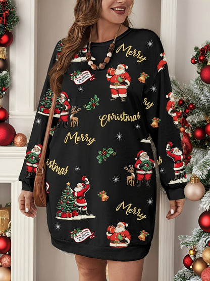 Plus Size, Fashionable and Elegant Autumn/Winter Simple Santa Claus Print Round Neck Sweatshirt for Plus Size Women - Comfortable and Versatile