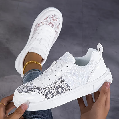 Women'S Elegant Lace Sneakers - Breathable Fabric Upper, White with Floral Pattern, Lightweight  Soft Sole, Durable EVA, Perfect for Daily Work, Sports, Summer Outings  Vacations, Casual Footwear   Elegant Sneaker   Comfort