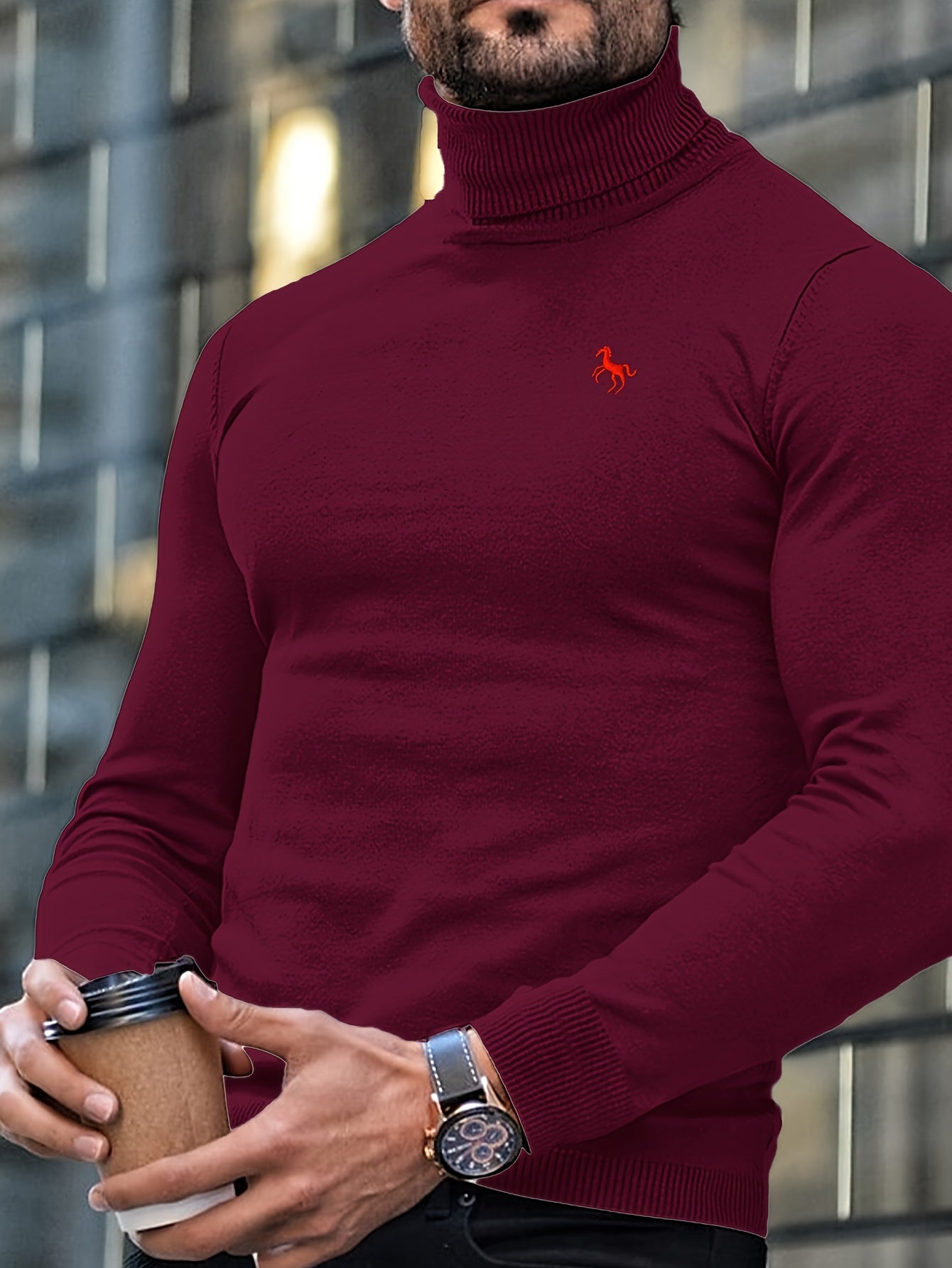 Men'S High-Neck Knitted Sweater | Slim Fit Pullover with Embroidered Spurs Design, Soft and Comfortable, Rayon Fabric, Fall/Winter Collection