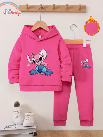 Series Stitch Girls' Two-Piece Autumn Winter New Hoodie Set - Available in Multiple Colors, Cartoon Print Embellishments, 3-10 Years Old, Outdoor Activity Fleece, for Outdoor, Thick