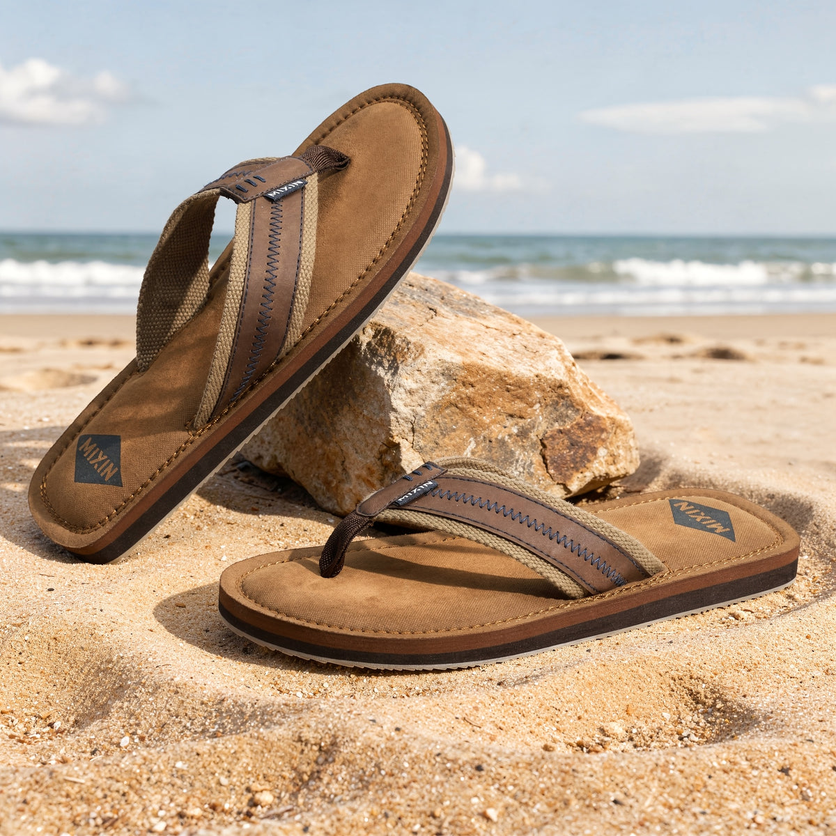 Men's Casual Flip-Flops with Woven PU Strap and EVA Sole