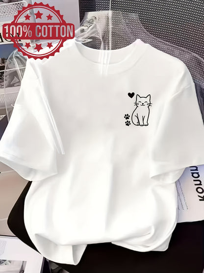 Women’s Casual Cotton T-Shirt with Cute Cat Print, All-Season