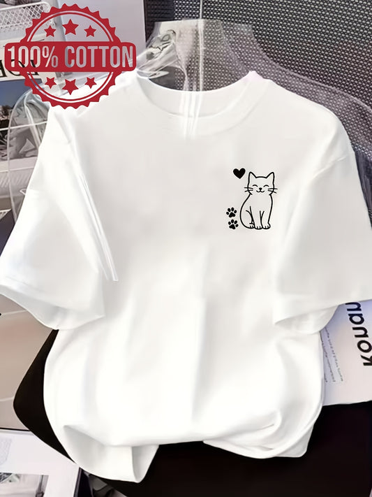 Women’s Casual Cotton T-Shirt with Cute Cat Print, All-Season - ayq
