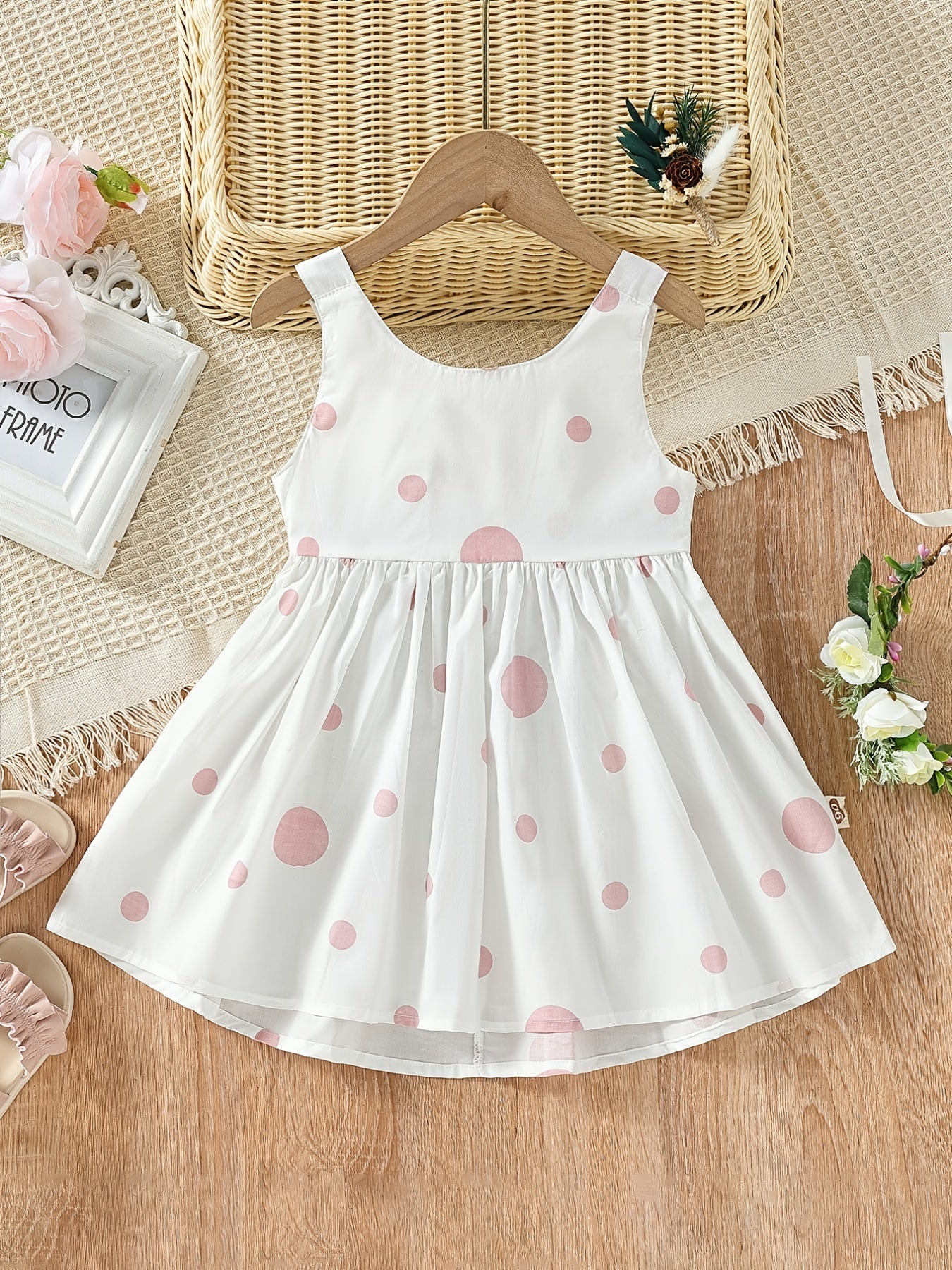 Girls' Cute White Cotton Polka Dot Spaghetti Strap Dress
