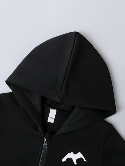 2pcs Boys' Autumn/Winter Fleece-Lined Hooded Zip-Up Jacket and Pants Set with Bird Print, Simple Color Block Design with Pockets, Fashionable Sporty Outfit for Outdoor Activities and Daily Wear, 100% Polyester Knit Stretch Fa