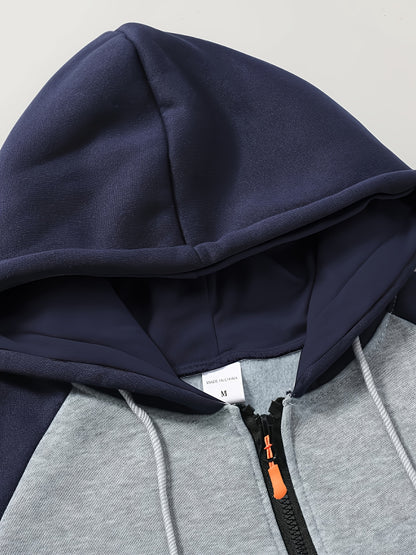 Men's 2025 Autumn East New Zipper Hoodie - Black & Grey Color-Block Contrast with White Piping, Full-Zip Closure, Chest Pocket & Adjustable Hood, Casual Streetwear for Teen Boys & Young Men, Durable Everyday Outerwear