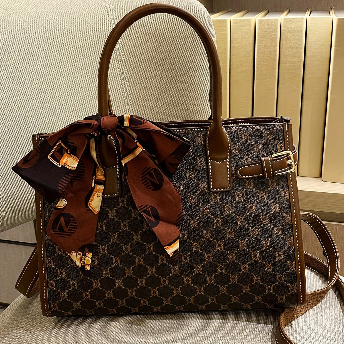 Created-Rubynet Large Handbag with Greek Key & Bow Design - Deep Brown Handbag, Golden-Tone Hardware, Fashion Bag for Ladies, Fashion Bags, Round Handbag, Fashionable Bags, Handbags Aesthetic, Large Soft Purse, Rectangular Ha