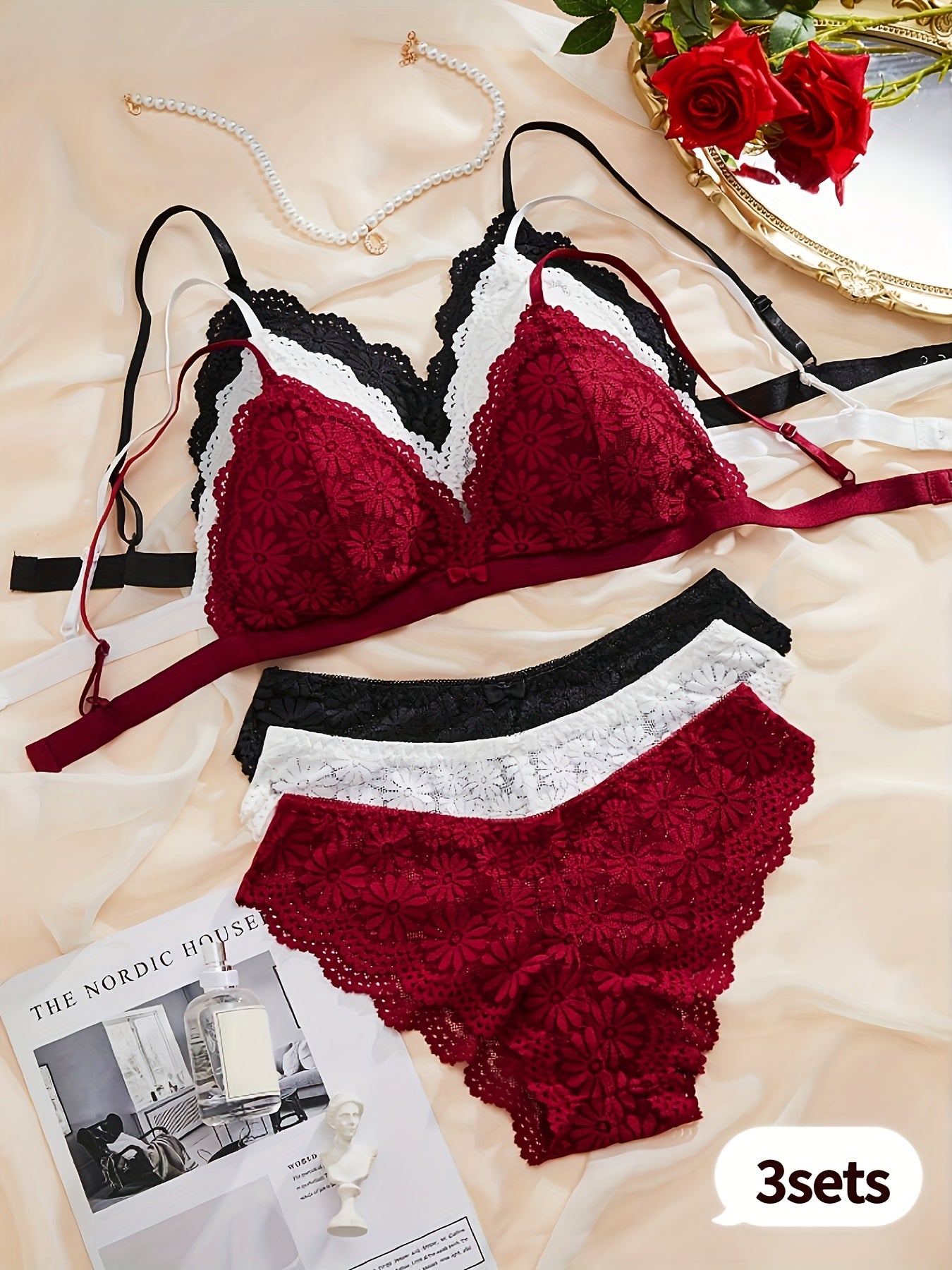 Women's Breathable Lace Bra Set with Scallop Trim - 3 Pack