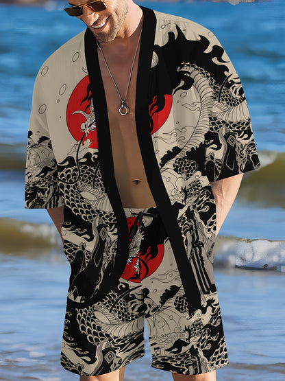 Men's Japanese Style Print Kimono Shorts Home Wear Casual Vacation Set