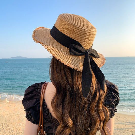Women's Linen Bucket Hat with Ribbon Bow, Breathable Summer Sun Hat - ayq