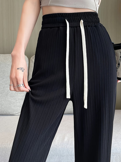 Women's High-Waisted Wide-Leg Summer Pants with Drawstring Waist