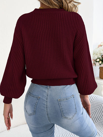 Women's Fall/Winter Crew Neck Diamond Knit Sweater with Lantern Sleeve