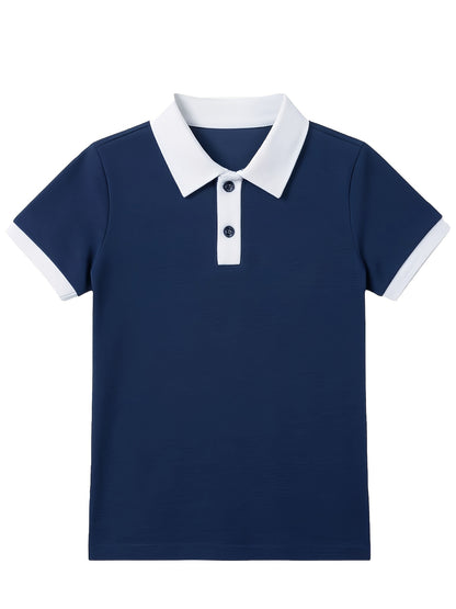 Boys' Navy Blue Cotton Polo Shirt with White Trim - Summer Casual