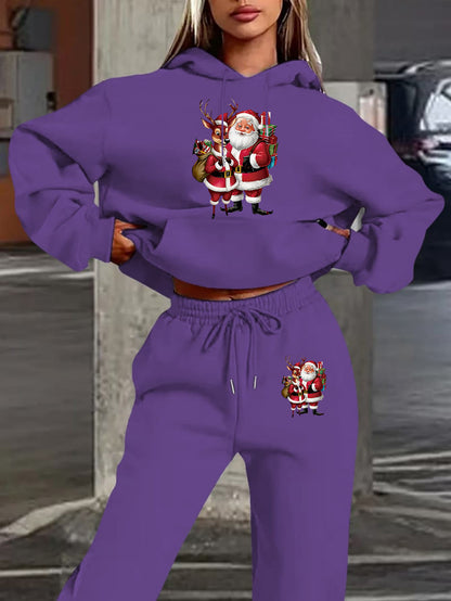 Women's winter clothing Santa Claus printed Women's velvet hooded sweater set