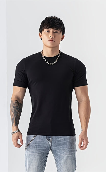 Men's Summer Athletic T-Shirt - Moisture-Wicking Stretch Fabric Slim Fit Round Neck Short Sleeve Tee for Gym, Running, Training - Solid Color Black, Gym Apparel   Machine Washable Top, Gym Shirts