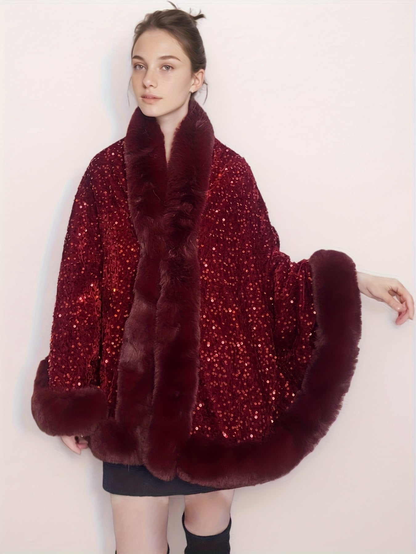 Plus Size, Women's Elegant Shawl Cloak Poncho - Luxury Brown Cape with Sparkling Glamour, Thick Winter Coat for Parties, Formal Events - Non-Stretch Fabric, Easy Care Elegant Wrap for Everyday Special Occasions, Party Wear, C