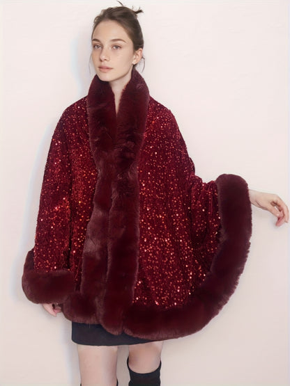 Plus Size, Women's Elegant Shawl Cloak Poncho - Luxury Brown Cape with Sparkling Glamour, Thick Winter Coat for Parties, Formal Events - Non-Stretch Fabric, Easy Care Elegant Wrap for Everyday Special Occasions, Party Wear, C