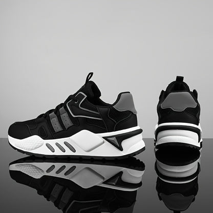 Men's Low-Top Skate Sneakers - White/Black Accent Lace-Up Shoes, Cushioned EVA Insole  Non-Slip Rubber Outsole for All-Season Urban Streetwear, Gym, Everyday - Breathable PU Upper Casual Shoes, Gym Footwear, Street Style, Du