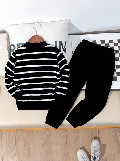 Boys Casual Blue White Striped Long-Sleeve Sweatshirt & Pants Set - ayq