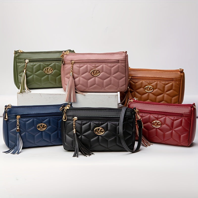 Quilted Women'S Crossbody Bag with Large Capacity, Casual Shoulder Bag Featuring Tassel Decorations, Multiple Zip Openings, And Adjustable Shoulder Strap