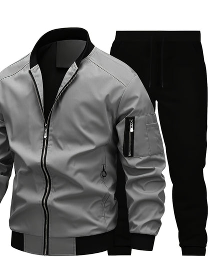 Men'S Casual Workwear Jacket and Pants Set, Solid Color, Long Sleeve, Regular Fit, with Pockets, for Spring/Fall, Casual Attire, Casual Attire|Casual Style|Solid Color Jacket