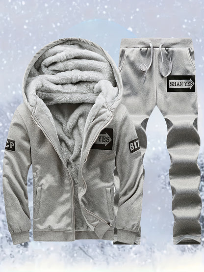 Men's "SHAN YES" Alphabet Print Fuzzy Lining Hooded Sweatshirt And Joggers Set, Warm Athletic Outfit For Running And Outdoor Fitness, Autumn And Winter