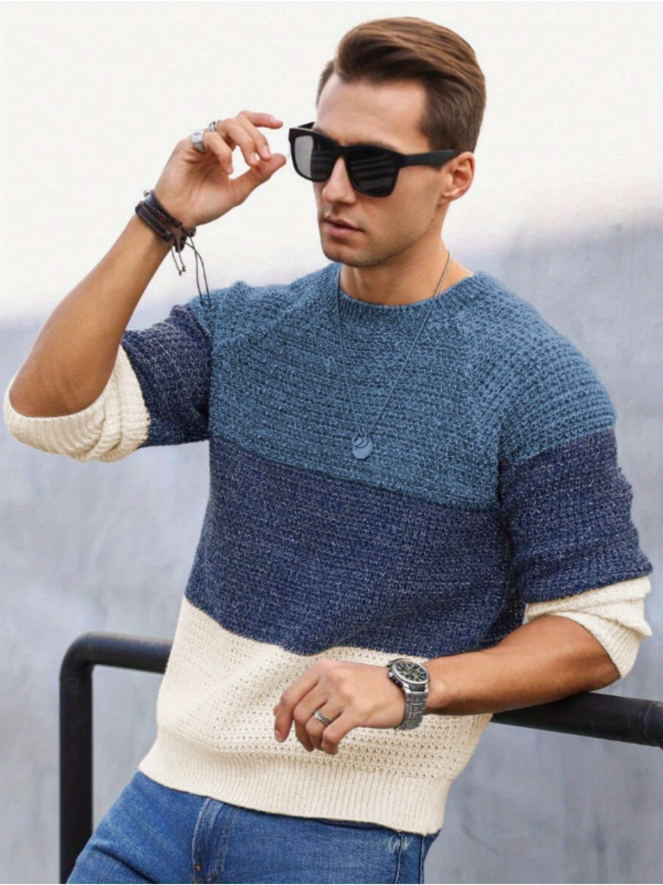 Men's Autumn and Winter Color Block Knit Sweater, Crew Neck Pullover