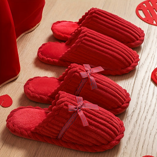 Jialiya Red Festive Simple Slippers - Warm, Versatile Winter Footwear for Women, Perfect for Outdoor Walks and Indoor Home Use, Minimalist and Stylish Design with a touch of Elegance.