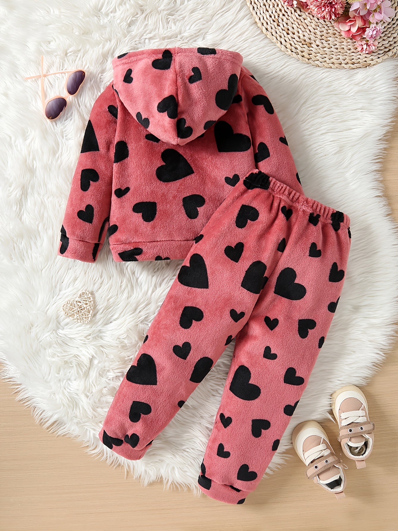 Girls' Heart Print Hooded Sweatshirt and Sweatpants Set, New Autumn Winter Comfortable Cute Casual Warm, Perfect for Outdoor