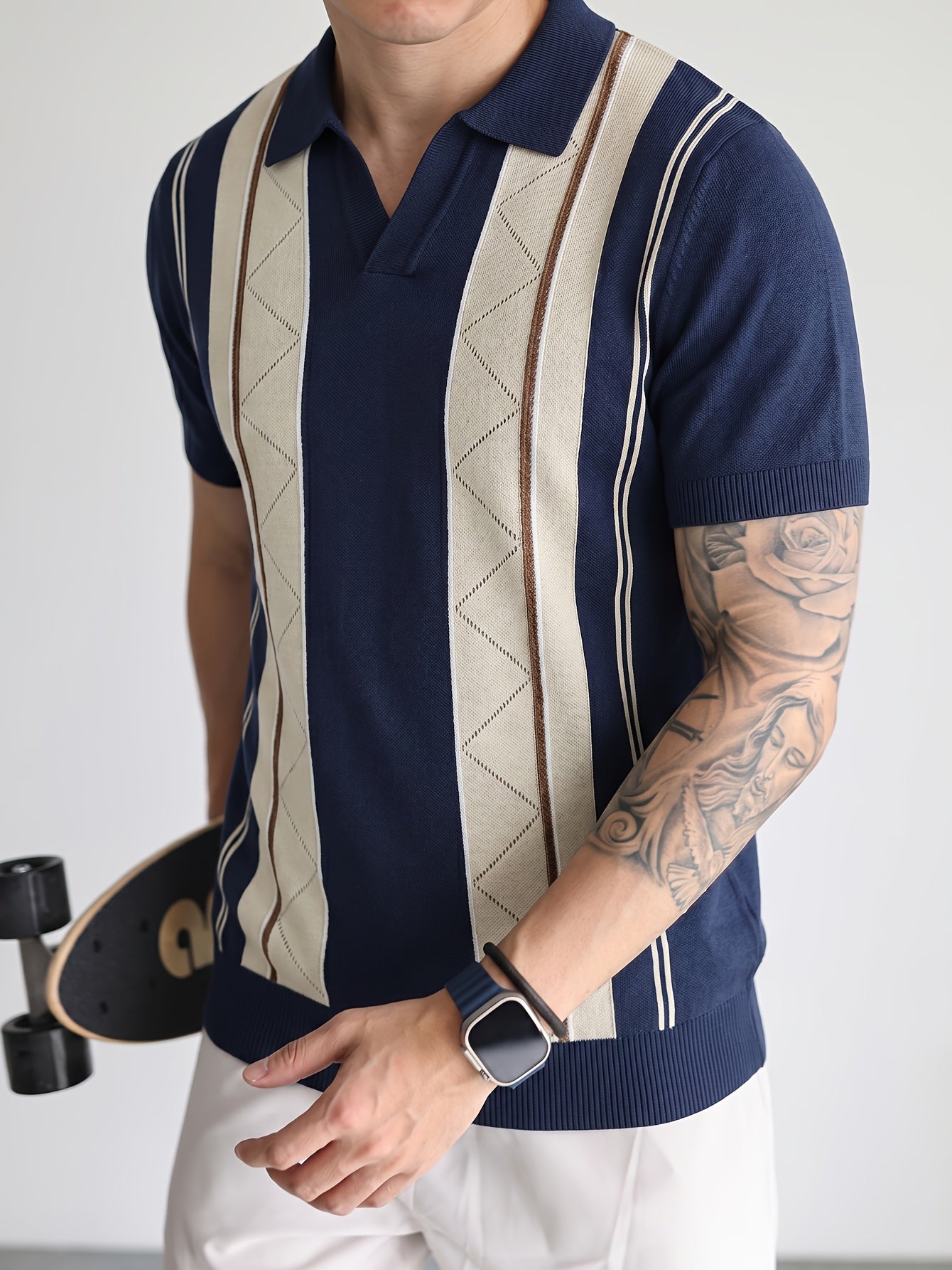 Men's Breathable Knit Short Sleeve Shirt with Stripe Color Block