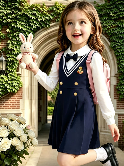 Girls Preppy Knee-Length Dress with Collar and Bow Accents